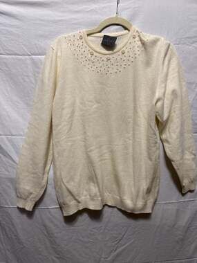 MISAKY Ivory Pearl and Bead Embellished Crewneck Sweater